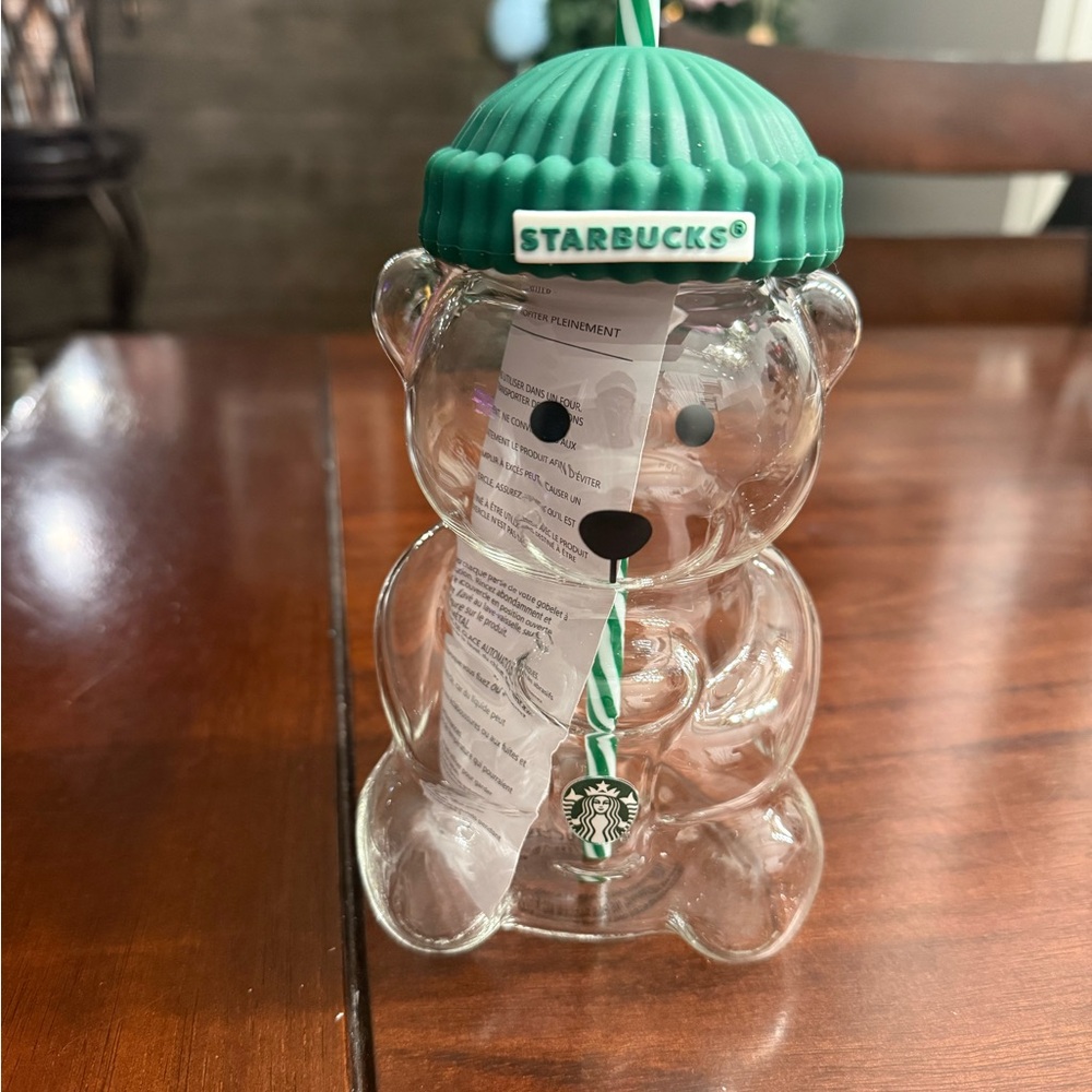 Starbucks Bearista Tumbler with Green Beanie Lid and Stripe Straw
